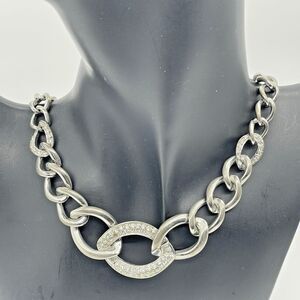 Designer Signed Metal Crystal Graduated Link Necklace Women’s 22 in Silver Tone